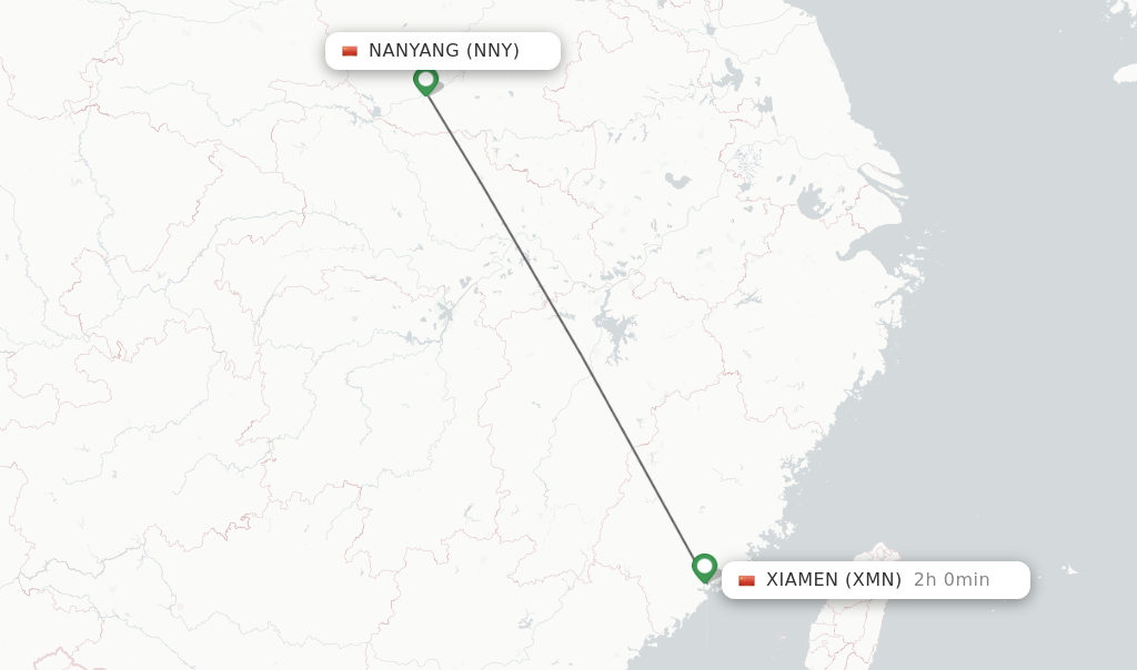 Flights from Nanyang to Xiamen route map