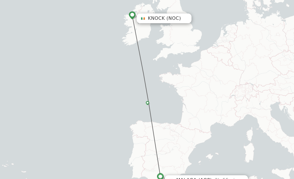 Flights from Knock to Malaga route map
