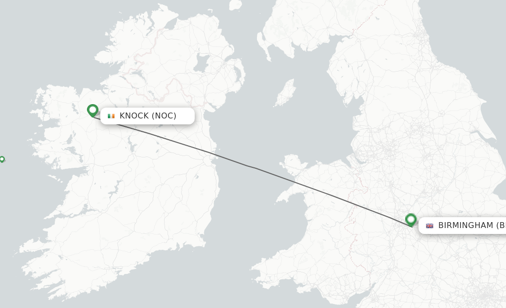Flights from Knock to Birmingham route map