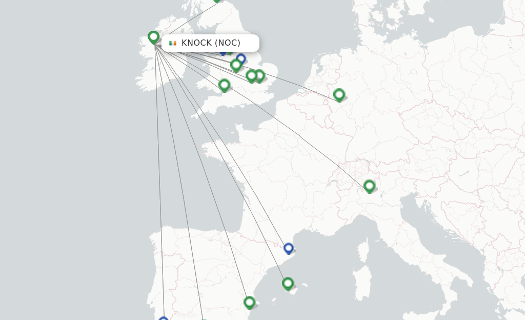 Route map with flights from Knock with Ryanair
