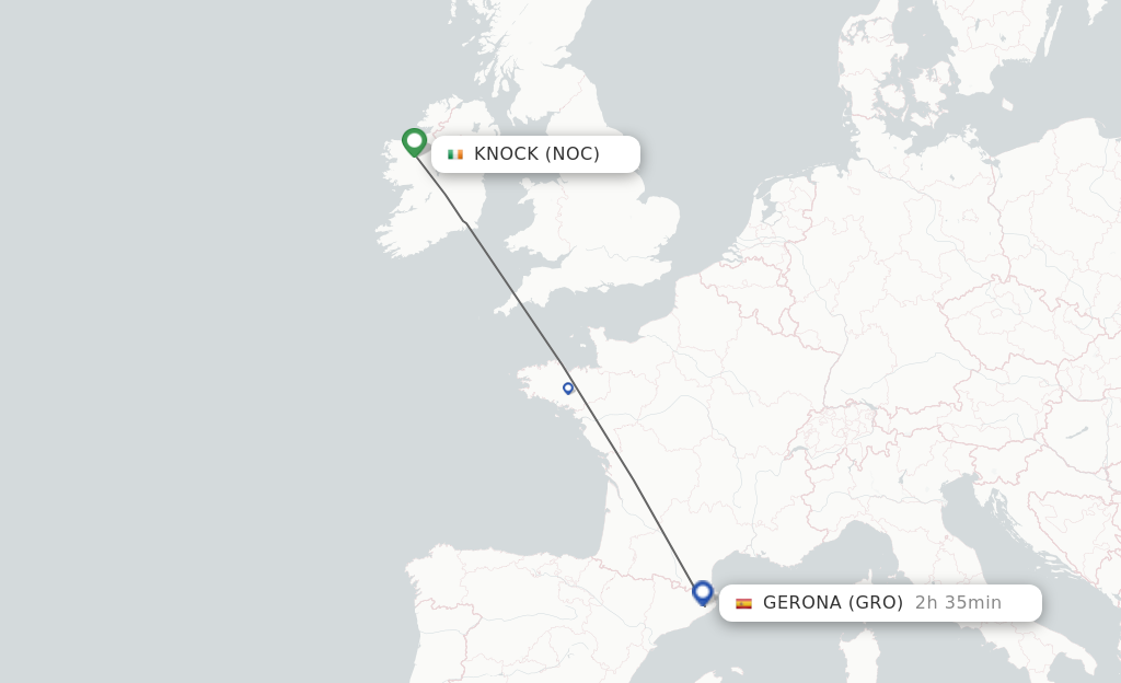 Flights from Knock to Gerona route map