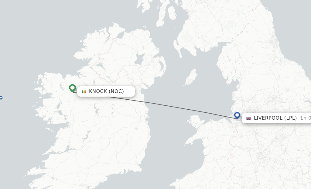 Flights from Knock to Liverpool route map