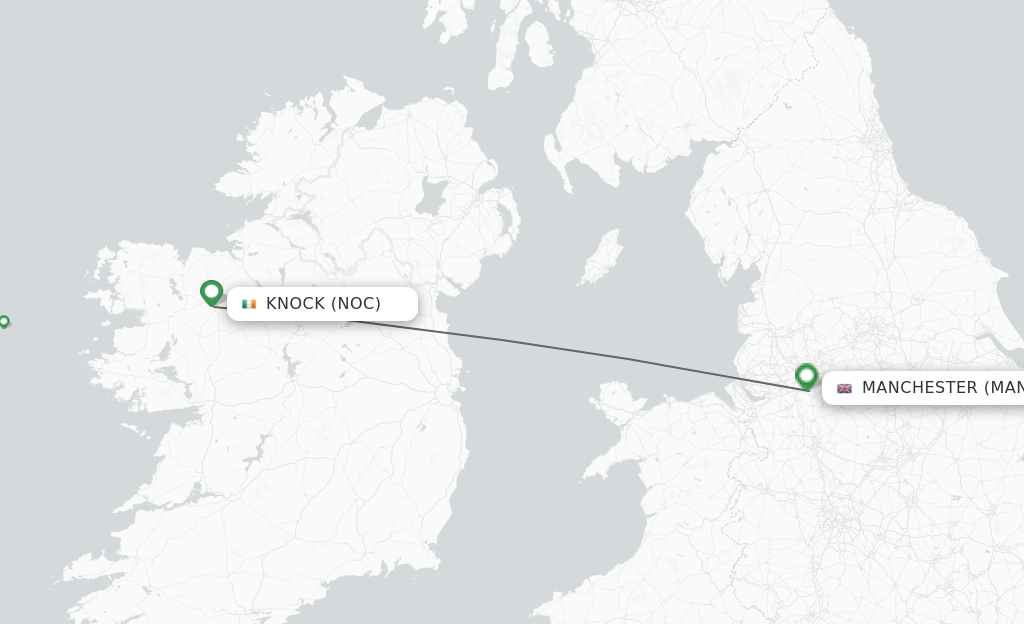 Flights from Knock to Manchester route map