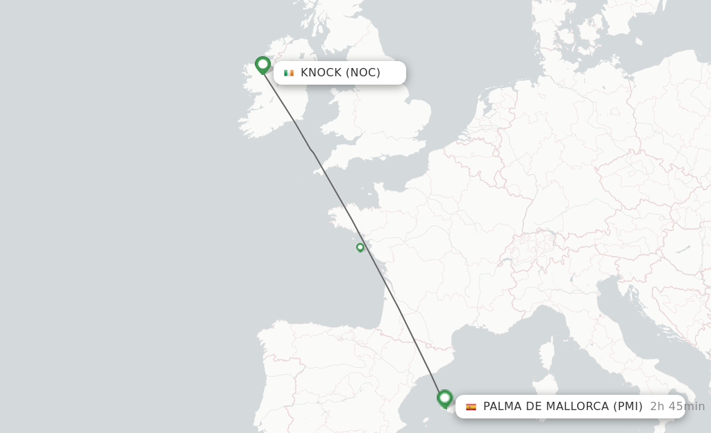 Flights from Knock to Palma De Mallorca route map