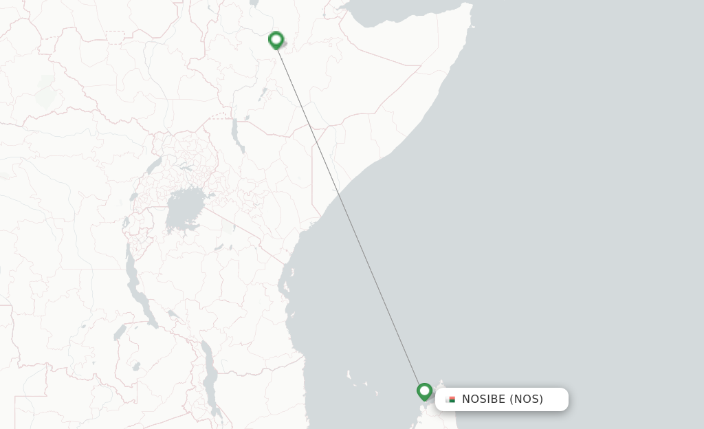 Route map with flights from Nossi-be with Ethiopian