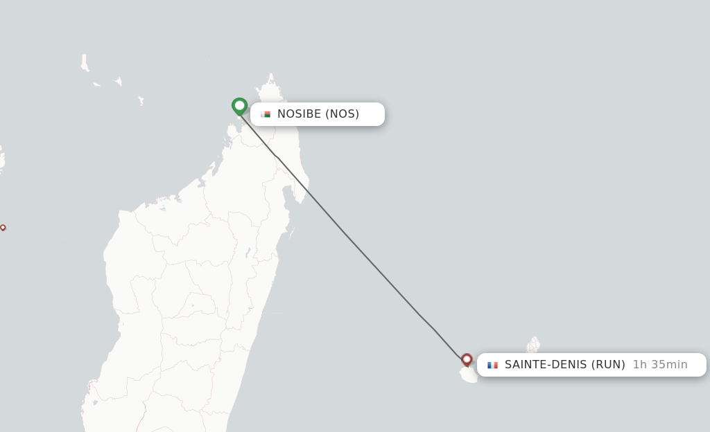 Flights from Nossi-be to Saint Denis de la Reunion route map