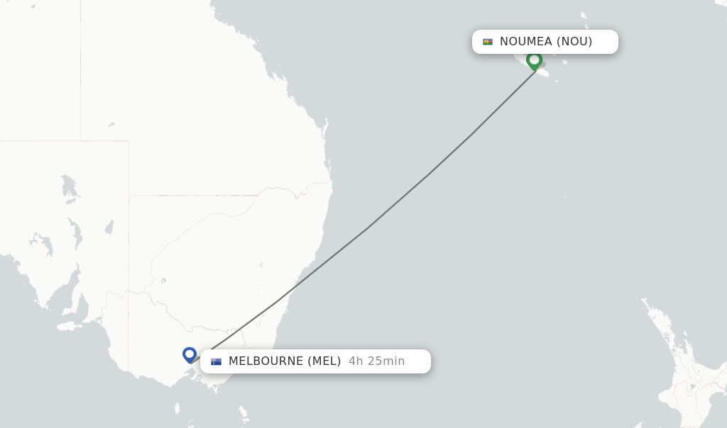 Flights from Noumea to Melbourne route map