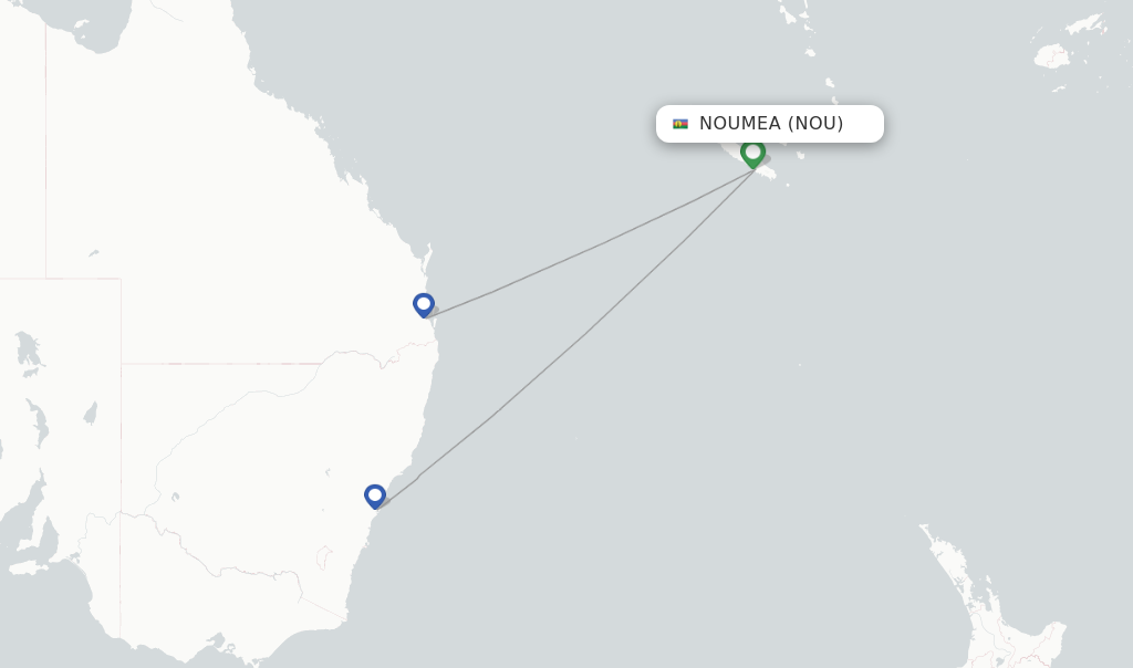Route map with flights from Noumea with Qantas
