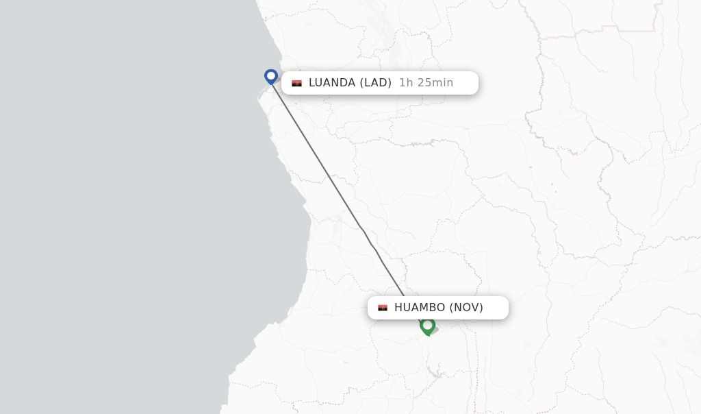 Flights from Huambo to Luanda route map