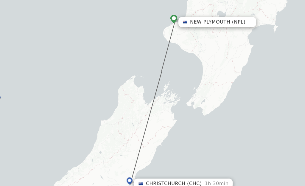 Flights from New Plymouth to Christchurch route map