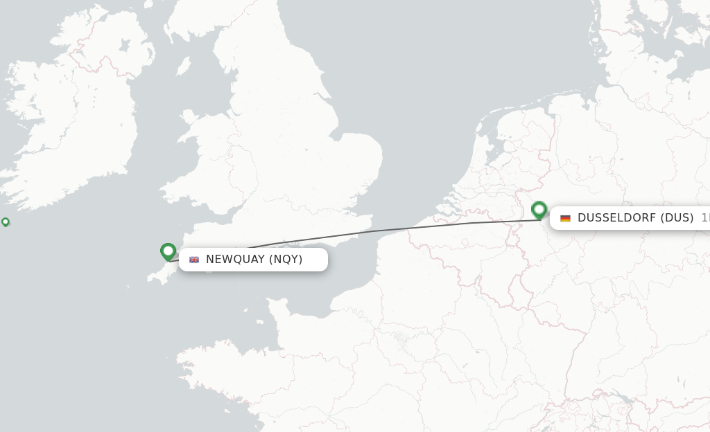 Flights from Newquay to Dusseldorf route map