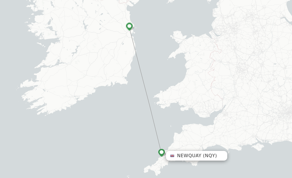 Route map with flights from Newquay with Aer Lingus