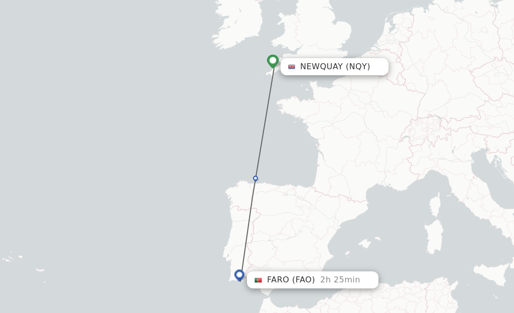 Flights from Newquay to Faro route map