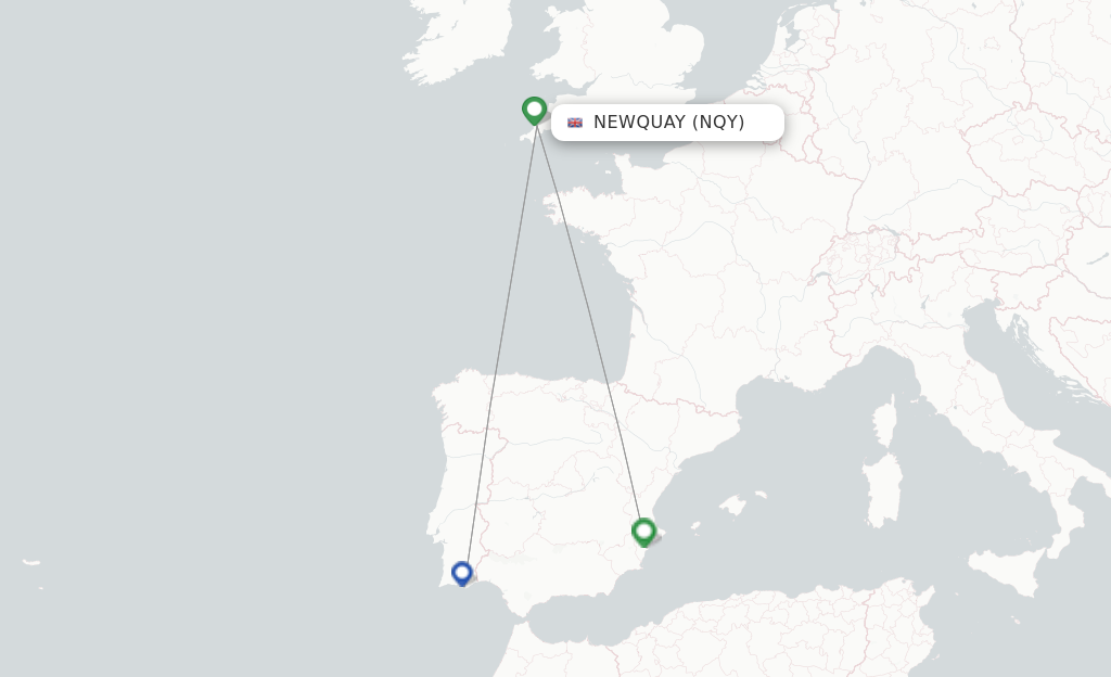 Route map with flights from Newquay with Ryanair