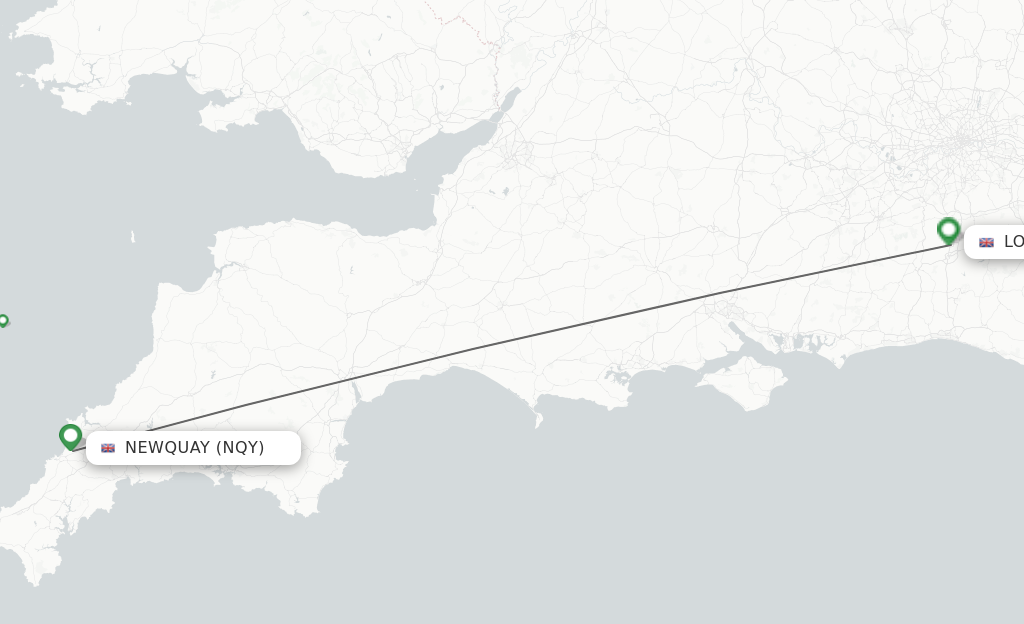 Flights from Newquay to London route map