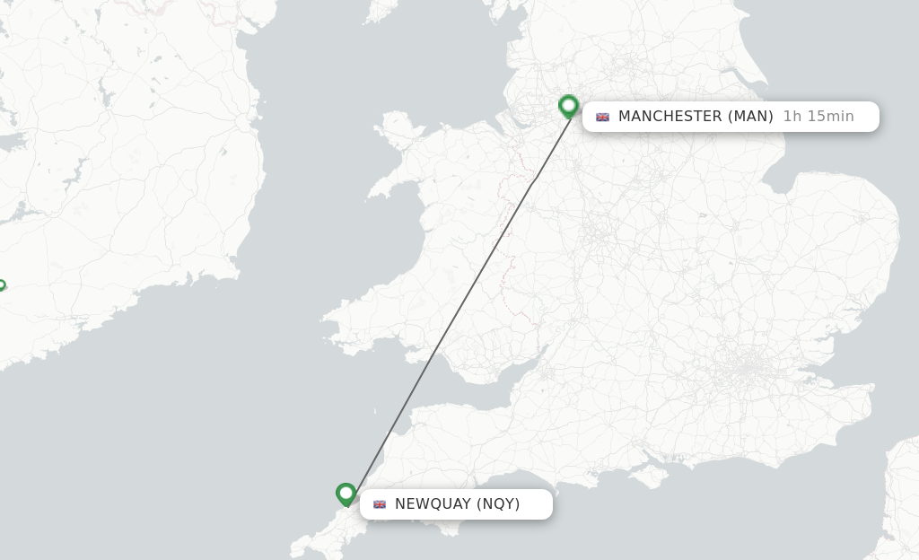 Flights from Newquay to Manchester route map