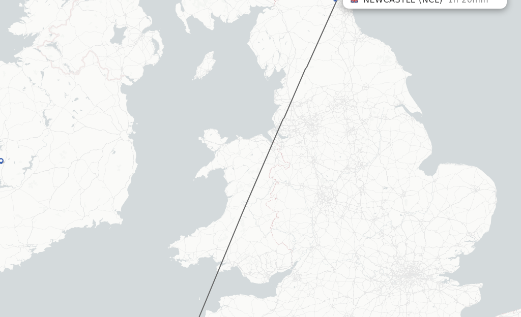 Flights from Newquay to Newcastle route map