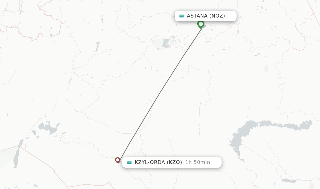 Flights from Astana to Kzyl-Orda route map