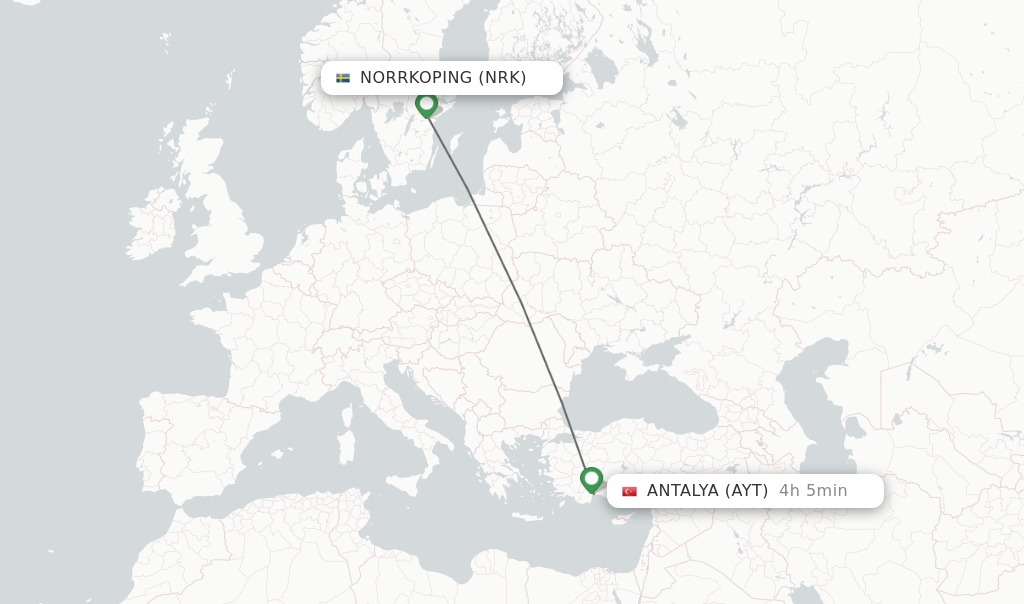 Flights from Antalya to Norrkoping route map