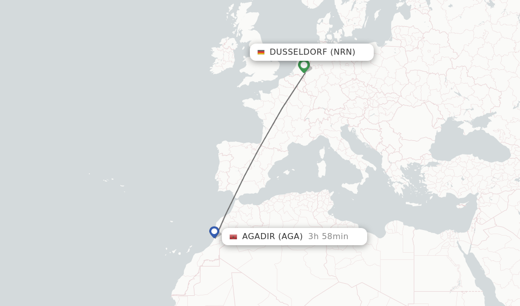 Flights from Dusseldorf to Agadir route map