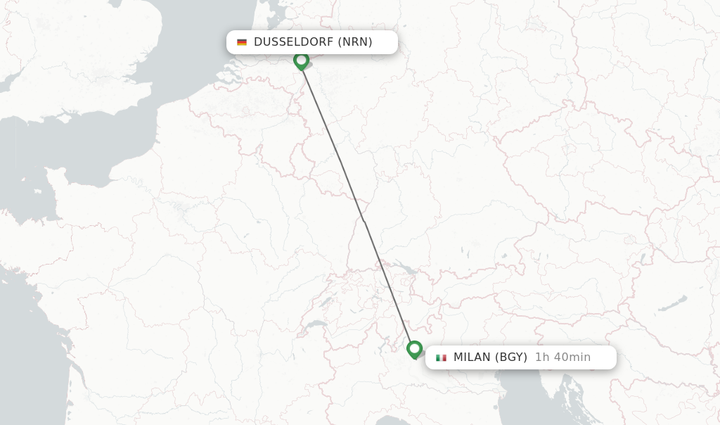 Flights from Dusseldorf to Milan route map