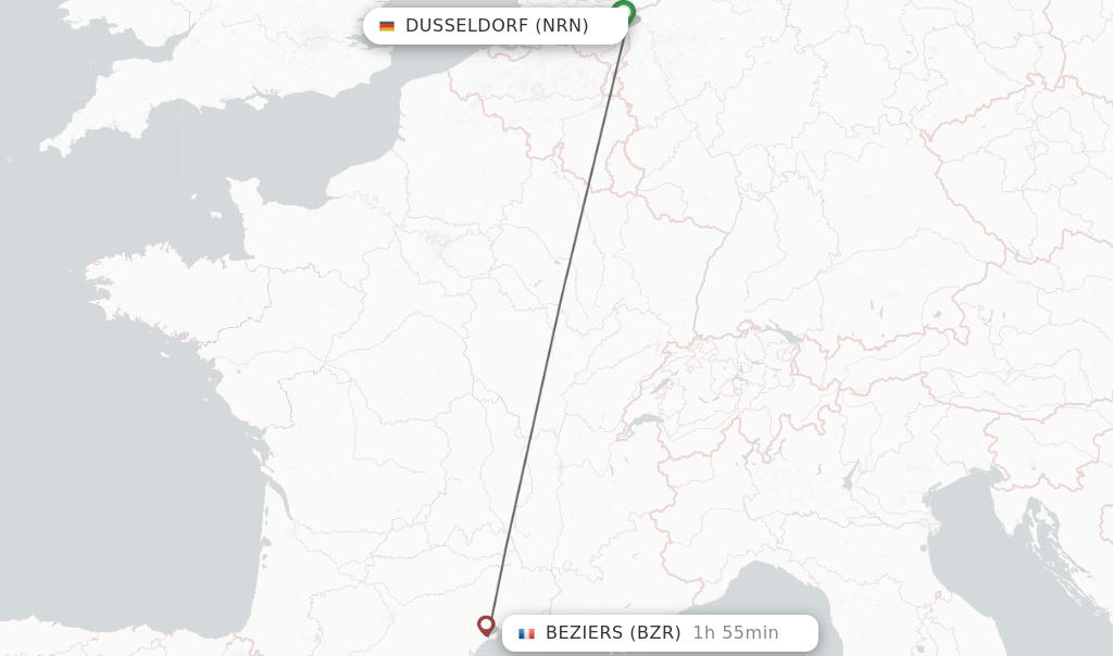 Flights from Dusseldorf to Beziers route map