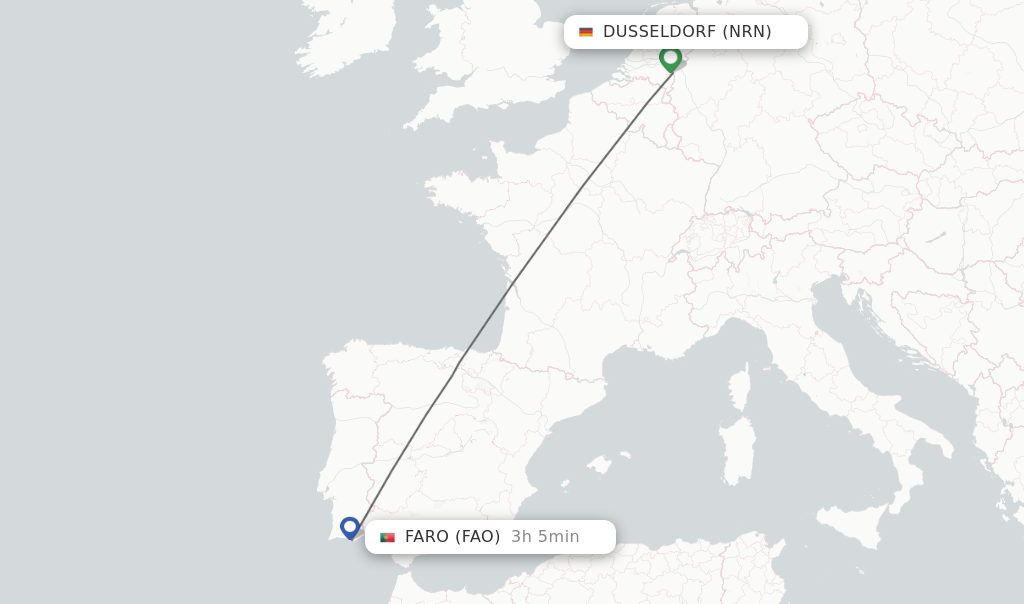 Flights from Dusseldorf to Faro route map