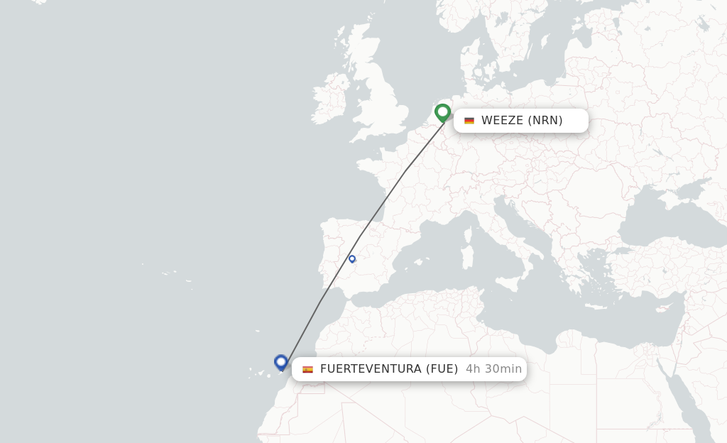Flights from Weeze to Fuerteventura route map