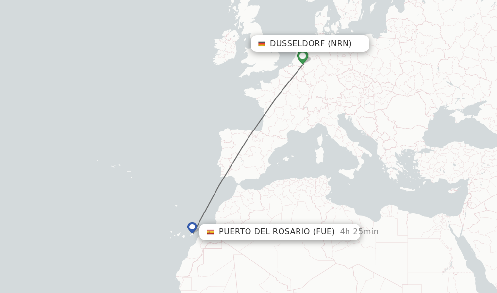 Flights from Dusseldorf to Puerto del Rosario route map
