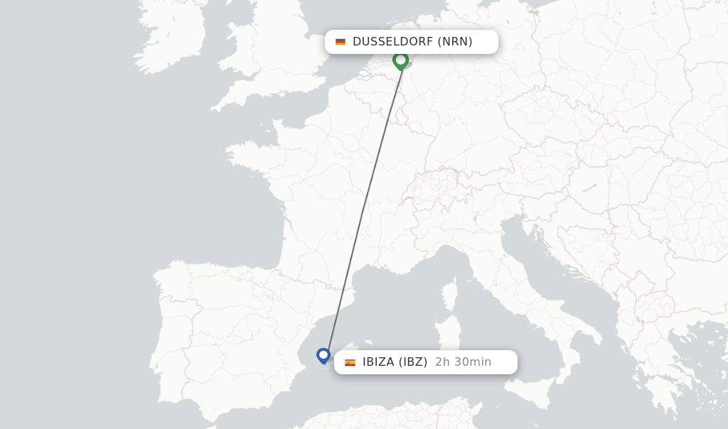 Flights from Dusseldorf to Ibiza route map