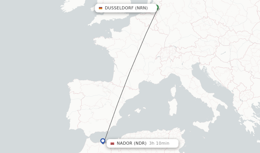 Flights from Dusseldorf to Nador route map