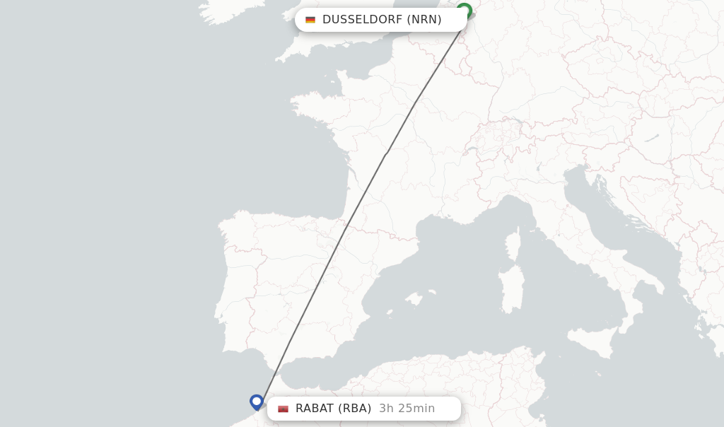 Flights from Dusseldorf to Rabat route map