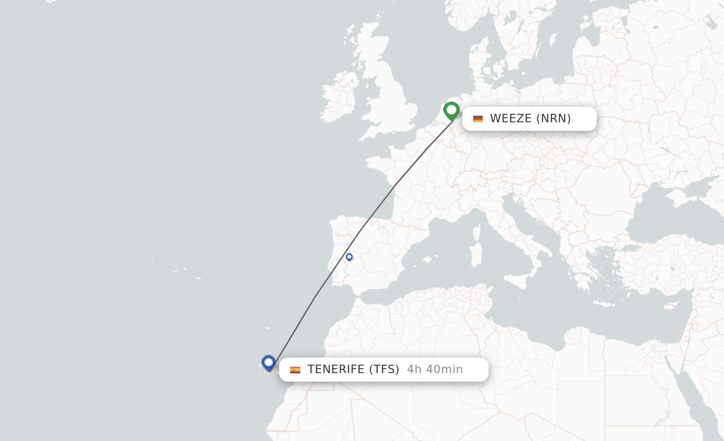 Flights from Dusseldorf to Tenerife route map