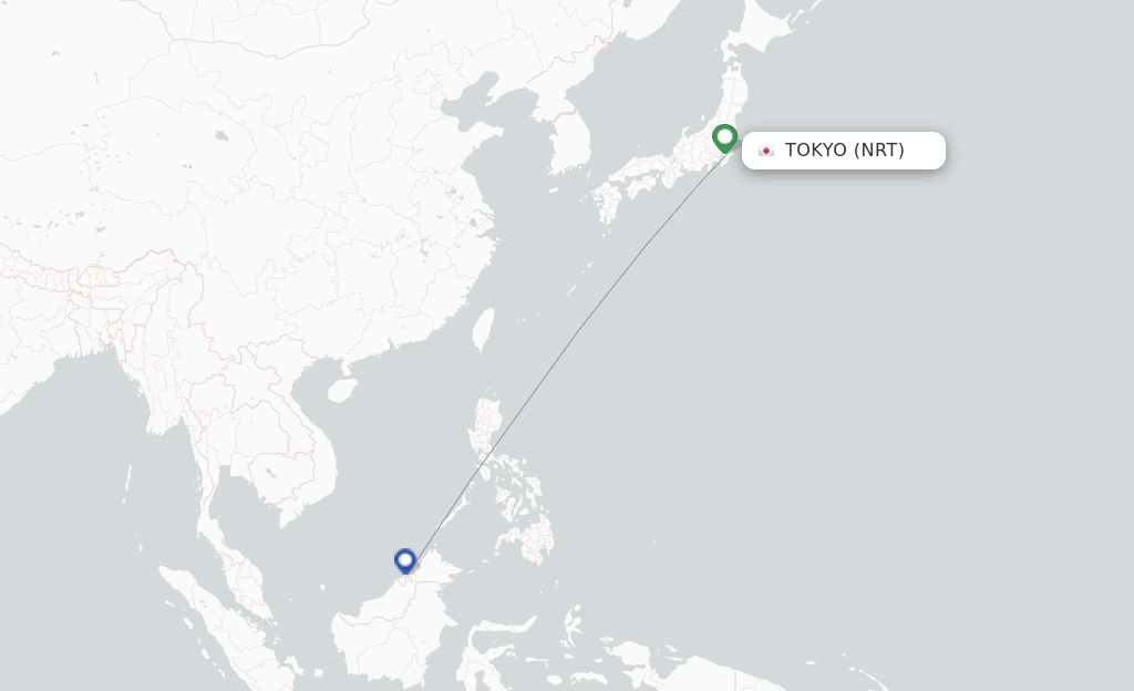 Route map with flights from Tokyo with Royal Brunei Airlines