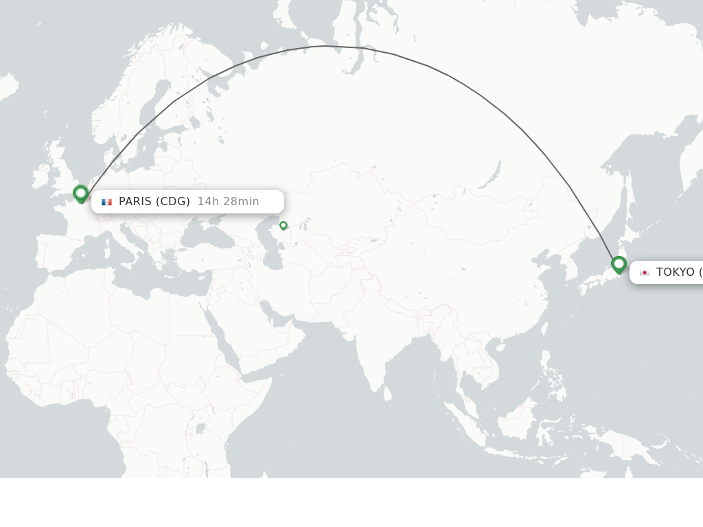Flights from Tokyo to Paris route map