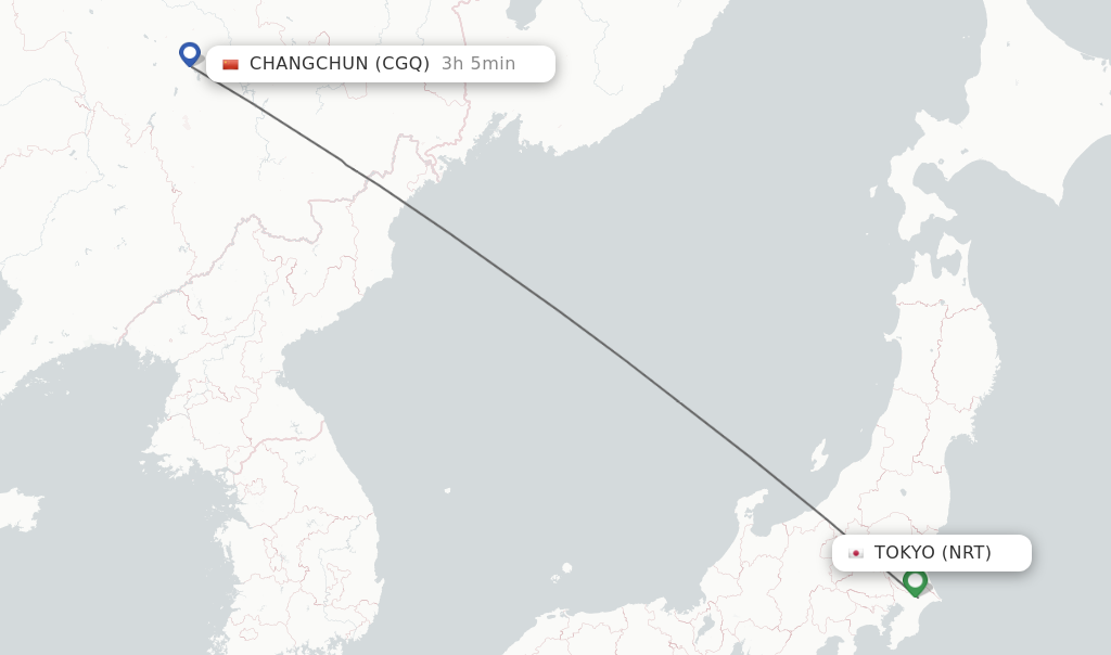 Flights from Tokyo to Changchun route map
