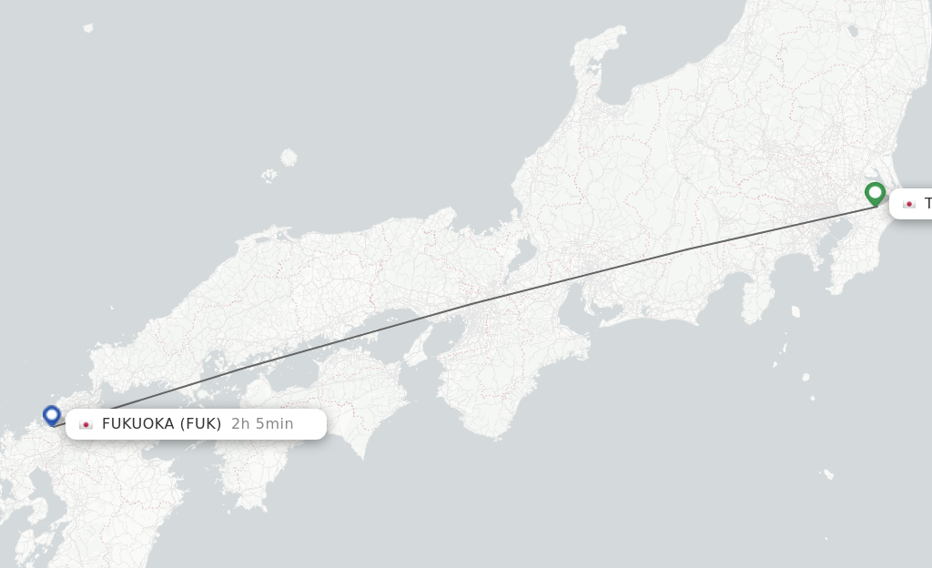Flights from Tokyo to Fukuoka route map