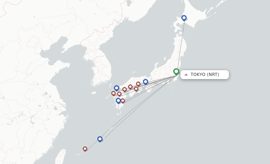 Route map with flights from Tokyo with Jetstar Japan