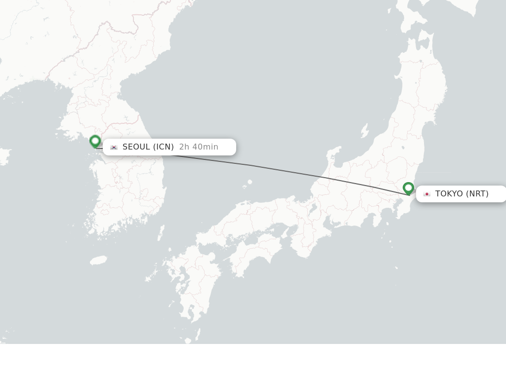 Flights from Tokyo to Seoul route map