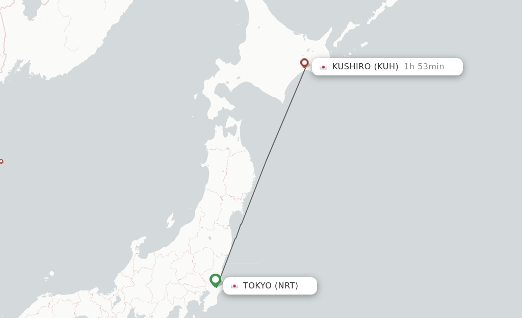 Flights from Tokyo to Kushiro route map