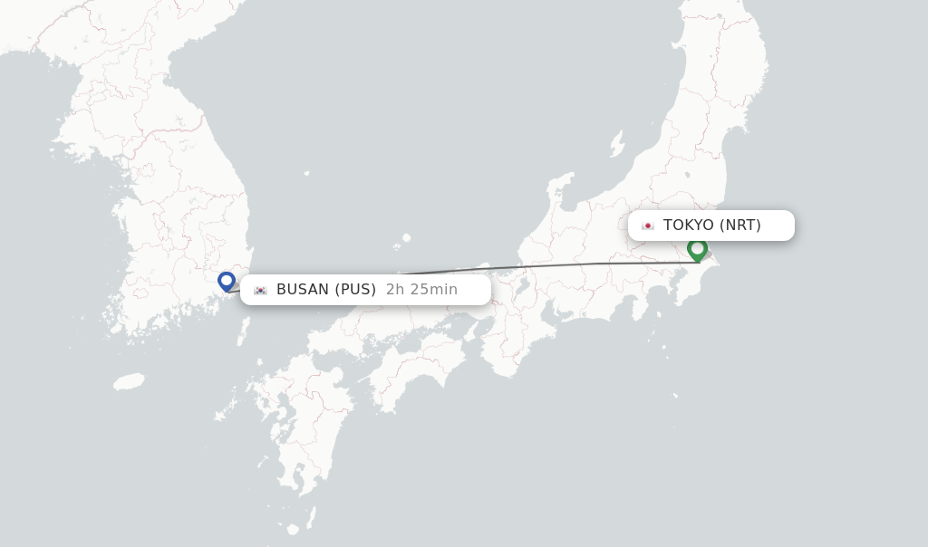 Flights from Tokyo to Busan route map