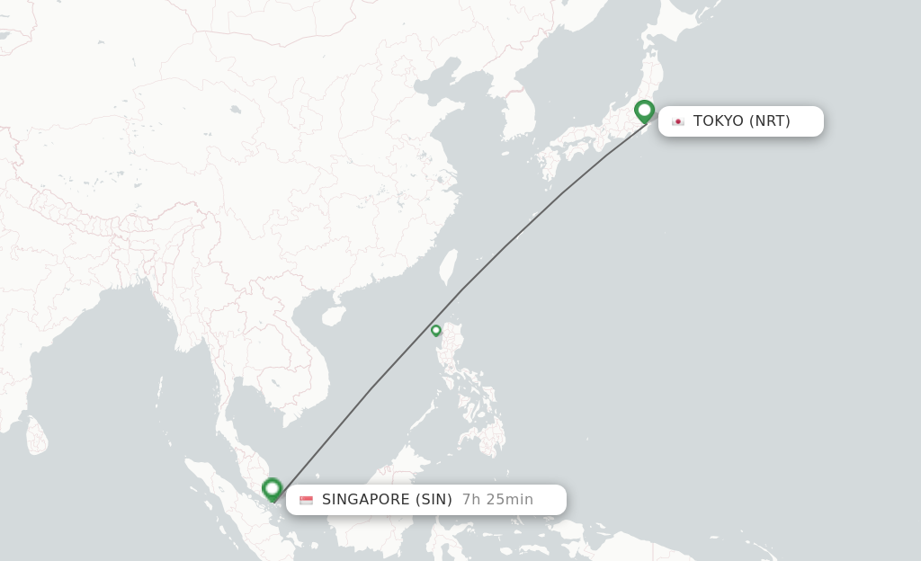 Flights from Tokyo to Singapore route map
