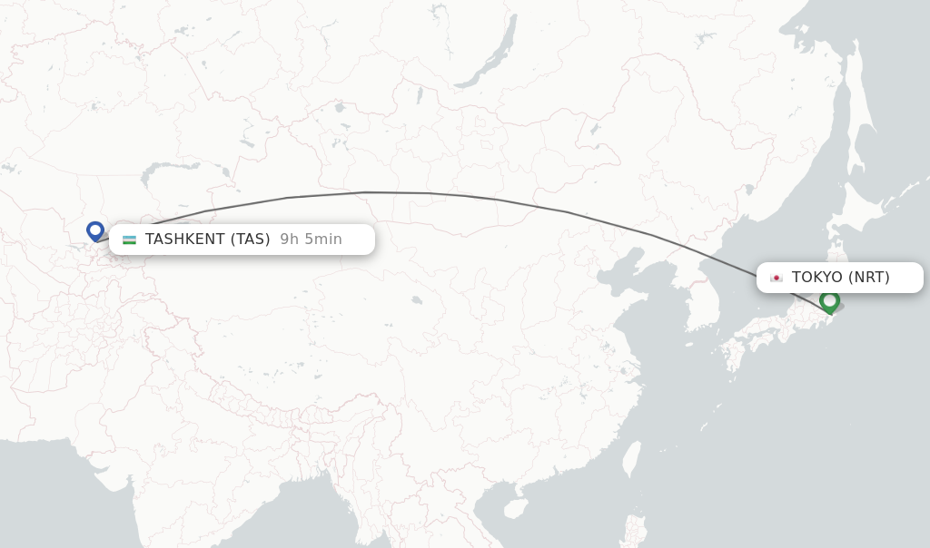Flights from Tokyo to Tashkent route map