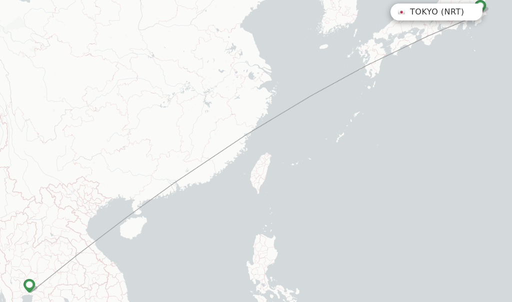 Route map with flights from Tokyo with Thai Airways