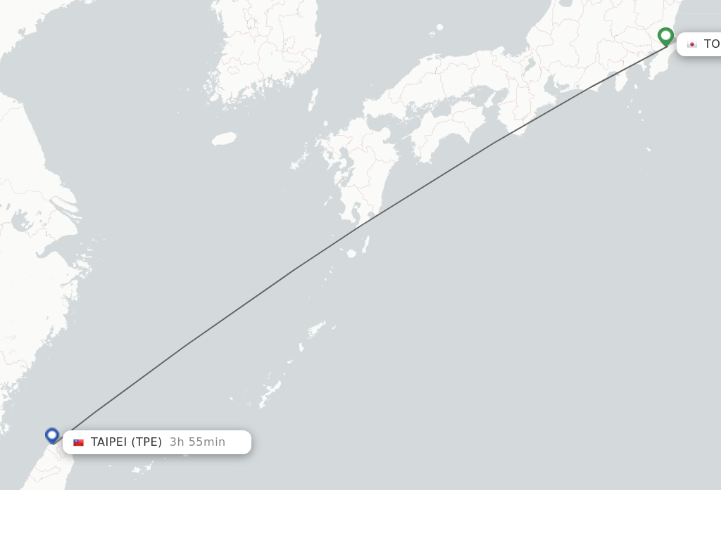 Flights from Tokyo to Taipei route map