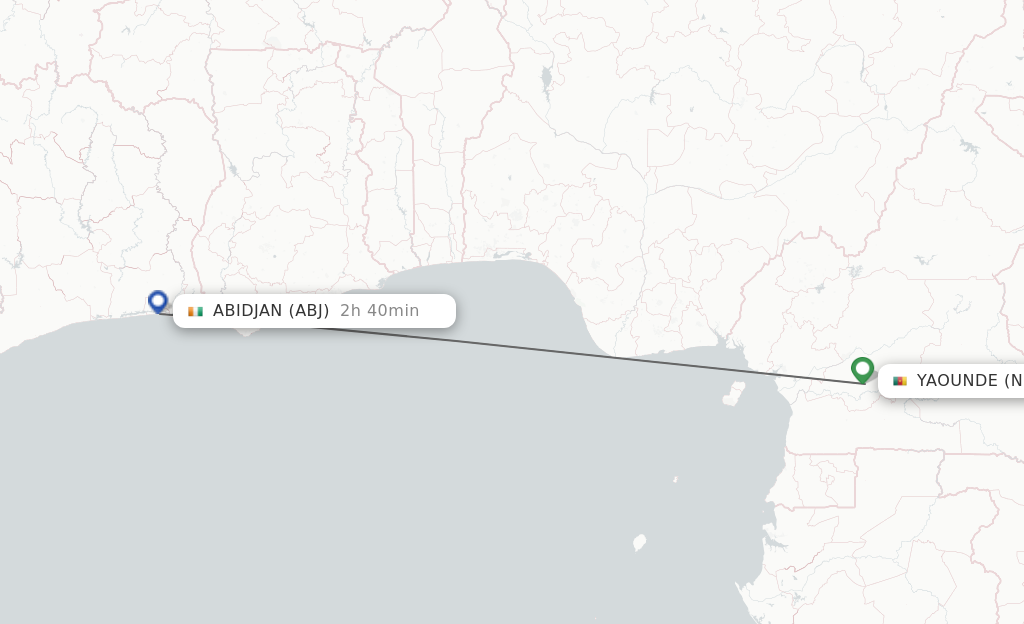 Flights from Yaounde to Abidjan route map