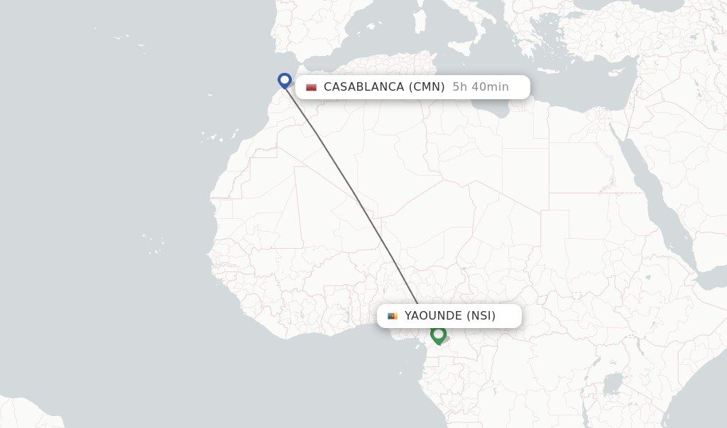 Flights from Yaounde to Casablanca route map