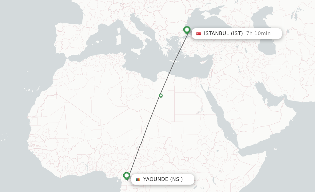Flights from Yaounde to Istanbul route map