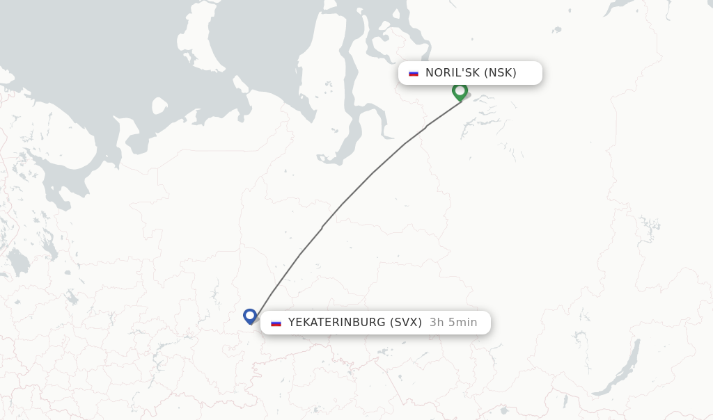 Flights from Noril'sk to Yekaterinburg route map