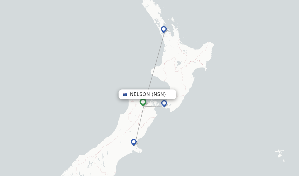 Route map with flights from Nelson with Air New Zealand